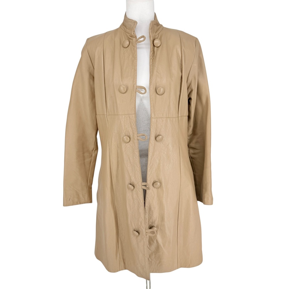 Wilsons Vintage 70s Tan Leather Mid-Length Coat Size S Mandarin Collar Button - Picture 2 of 7